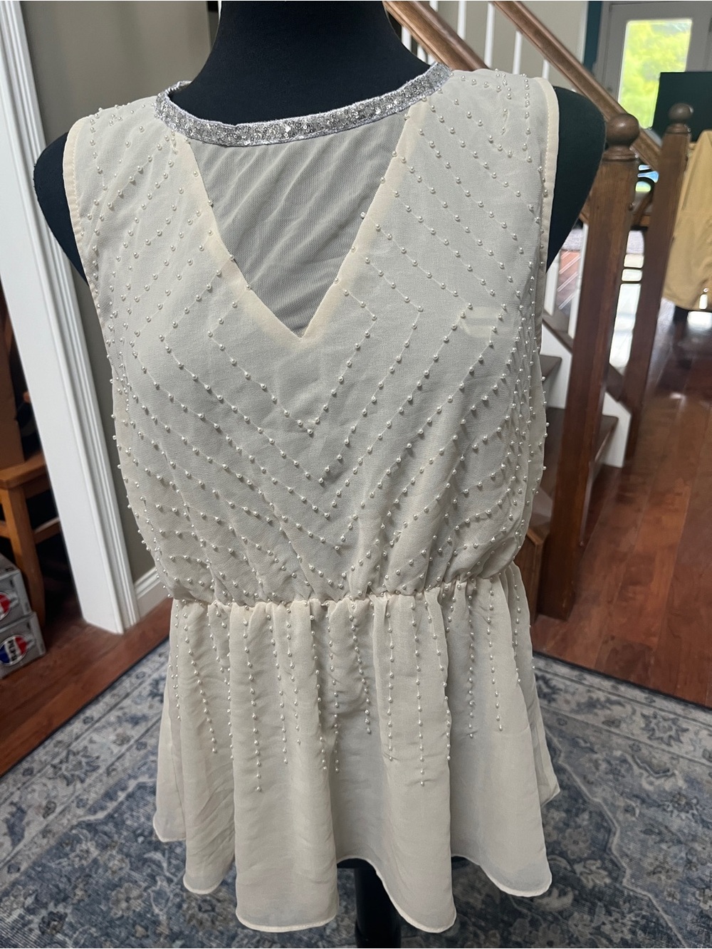 BKE Cream Beaded Sleeveless Peplum Top with Silver Trim